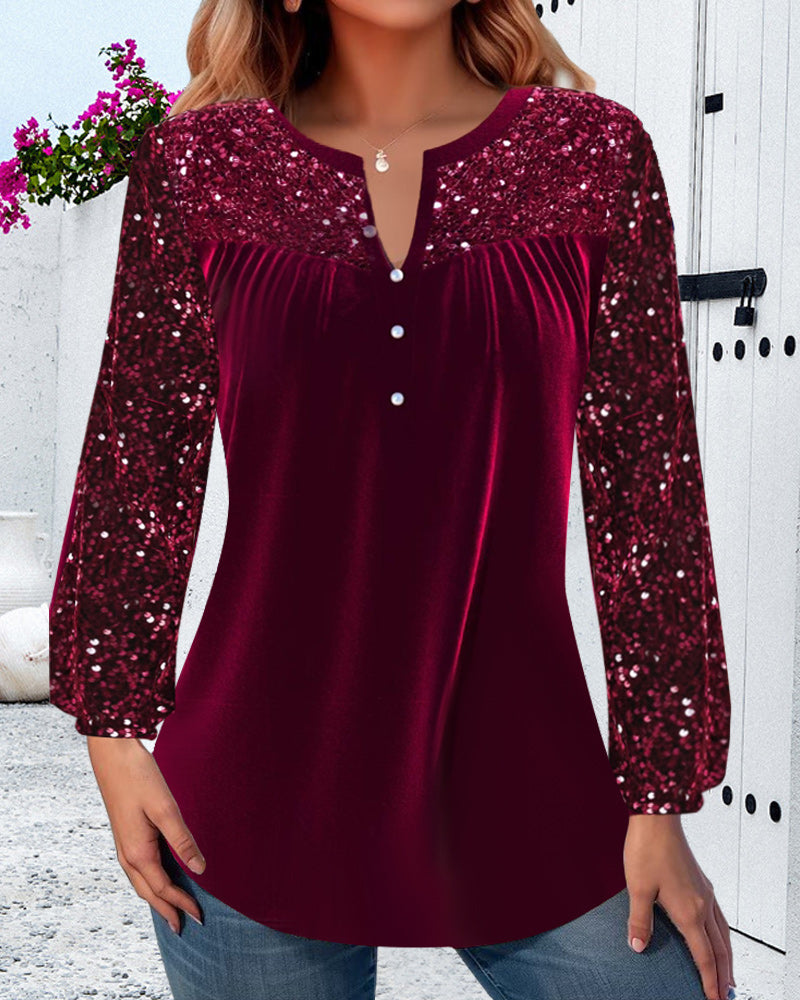 Elegant topp med V-hals plissert paljett