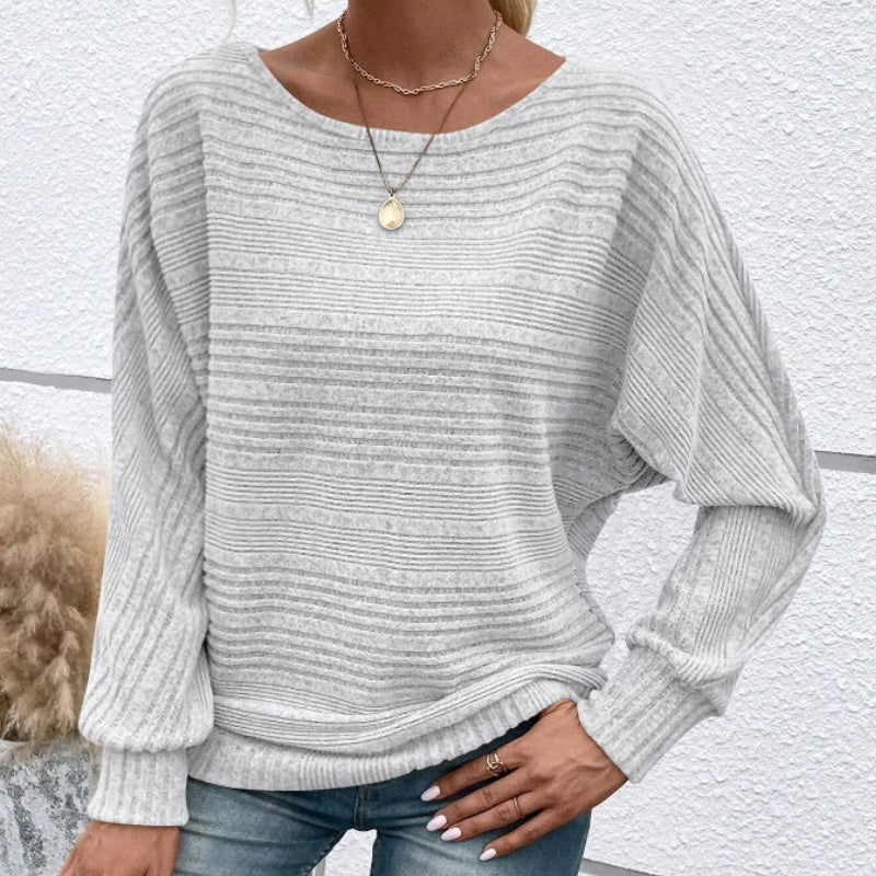 Ensfarget Langermet Topp Med Rund Hals Og Striper