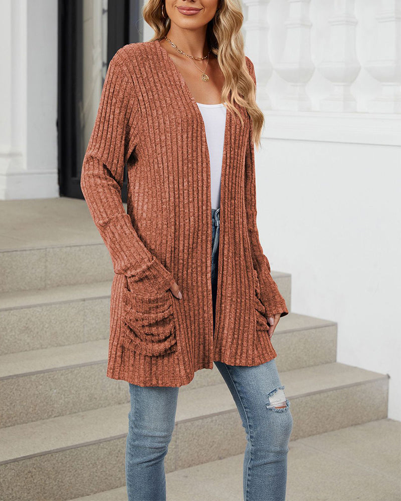 Uformell ensfarget cardigan med lang ermet lomme
