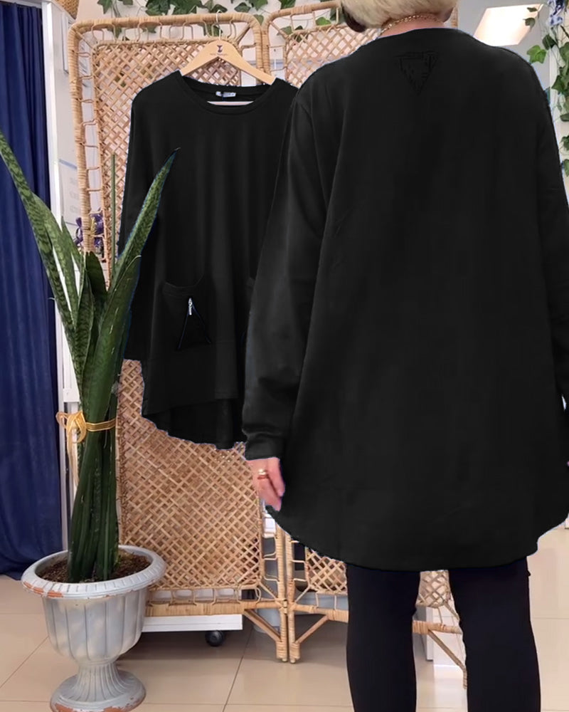 Genser med rund hals ensfarget glidelåslomme