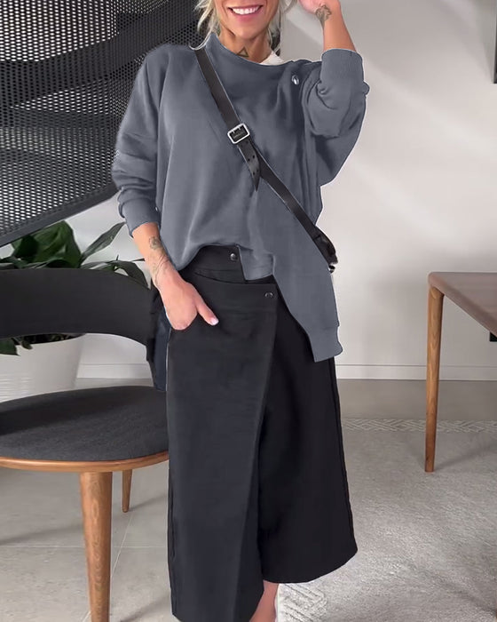 Ensfarget casual genser med rund hals og splitt