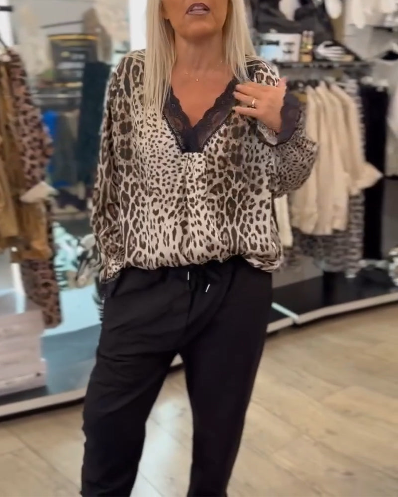 Mote leopardprint bluse med V-hals blonder med patchwork