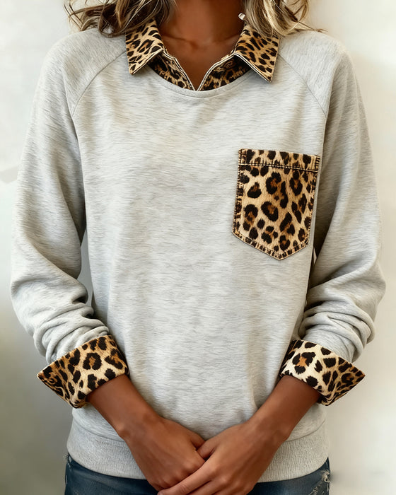 Langermet sweatshirt med revers og leopardprint
