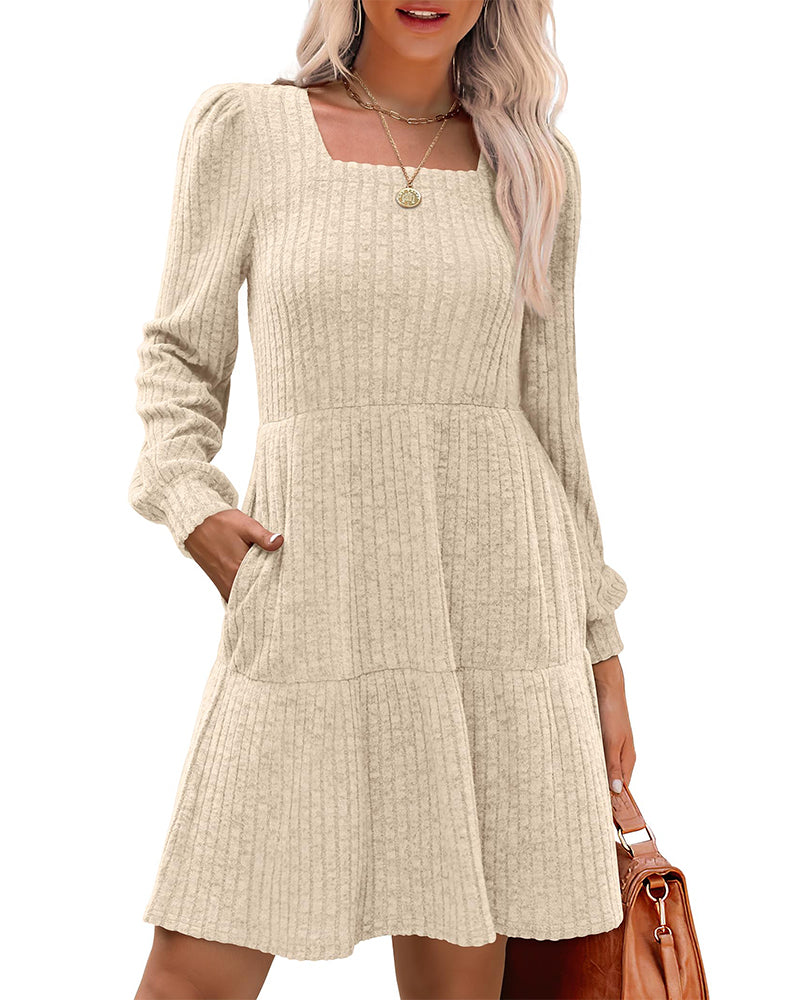 🍂2025 Høstens Nye Stil⏰ Damekjole med Firkanthals, Lanternermer og Ribbestruktur