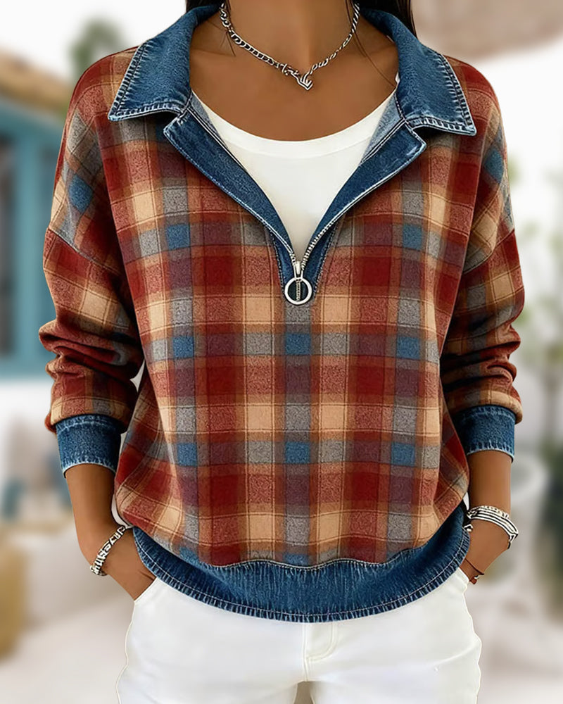 Kvinne Kausal Genser Med Krage Design, Denim Stoff, Patchworkdetalj, Rutenmønster Trykk Och Pullover Stil