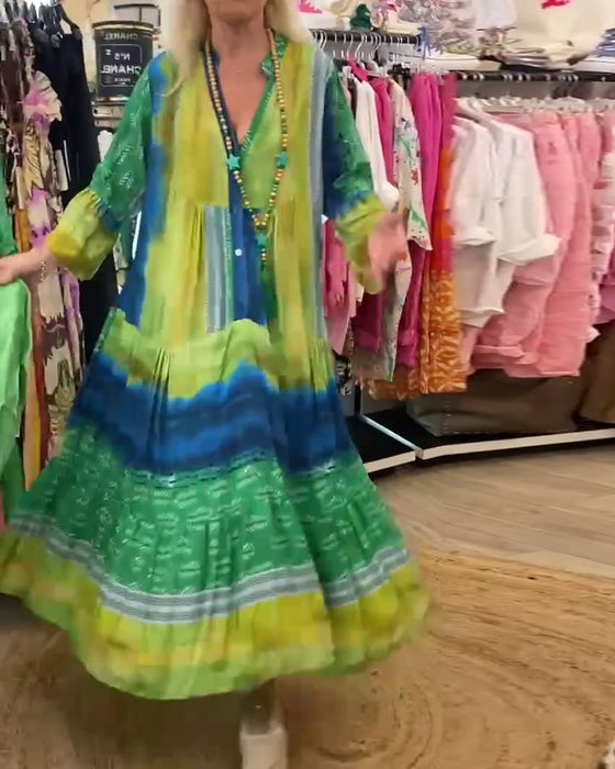 Trykt uformelt V-hals lang kjole med flare ermer