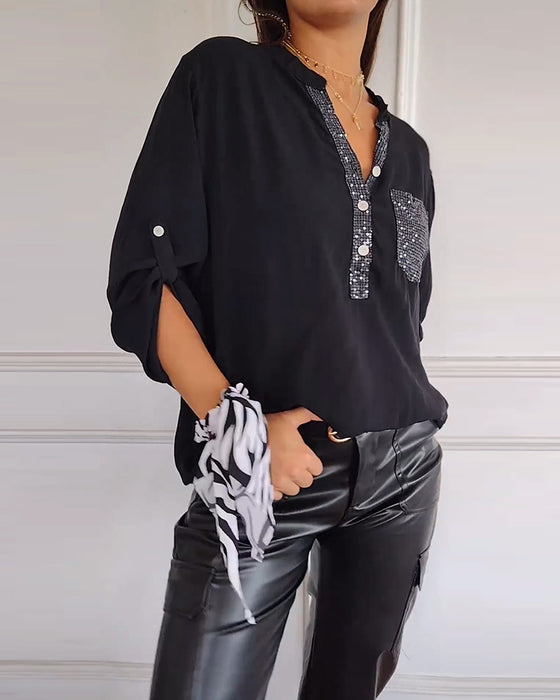 Løs casual topp med paljetter og patchwork