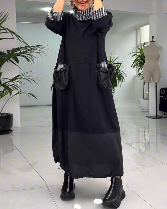 Uformelt rutete patchwork-lommekjole med høy krage