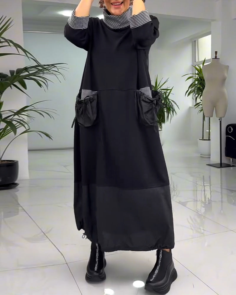 Uformelt rutete patchwork-lommekjole med høy krage