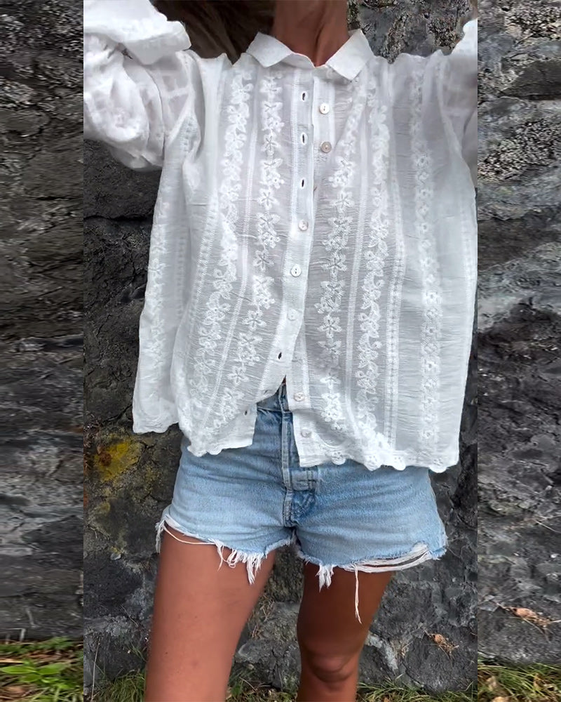 Skjorte Brodert Hulldesign Polo Krage Uformell
