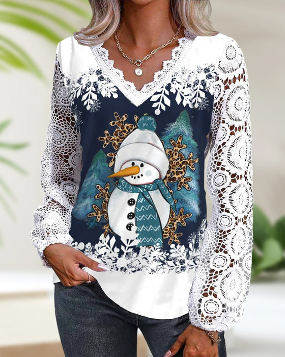 Bluse med blonde- og snømannmønster
