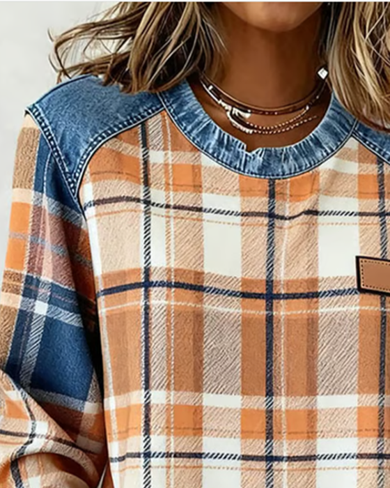 Genser I Denim Med Lappetæktsdetaljer Og Rutemønster