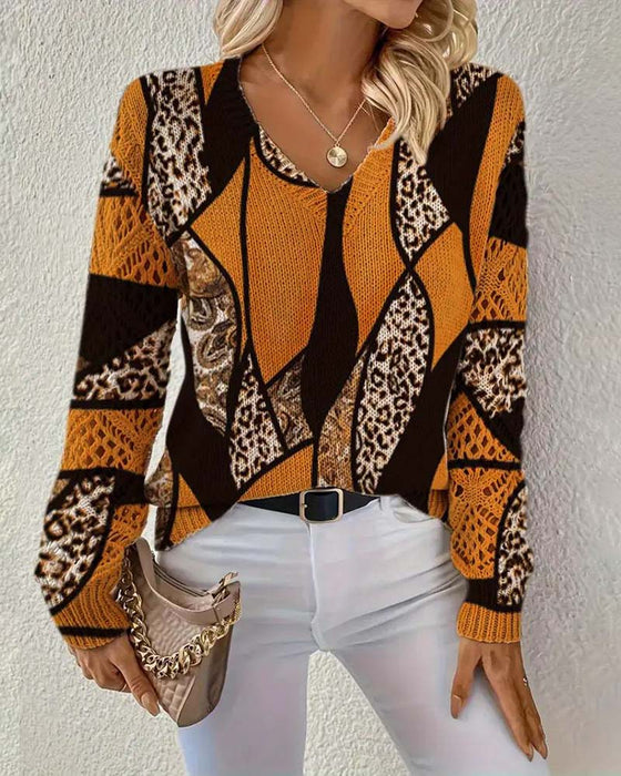 Pullover Med V-Hals Og Hull-Leopardtrykk