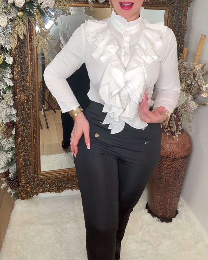 Bluse med rysjer, ensfarget mote