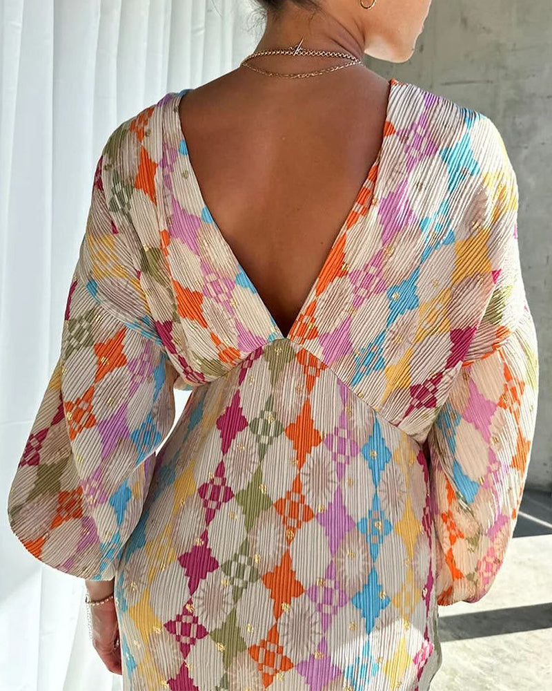V-hals lanterne ermer geometrisk print elegant kjole