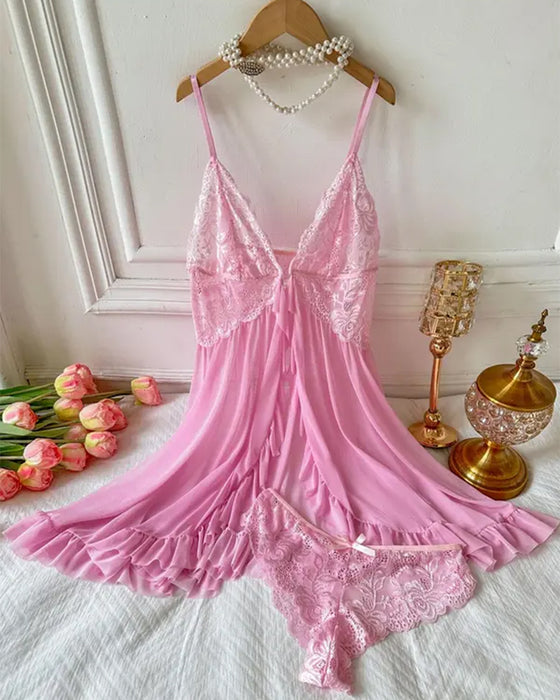 Cami Nattkjole & Bøyedekor Truse Sett Dames Sexy Ruffle Kant Blonder