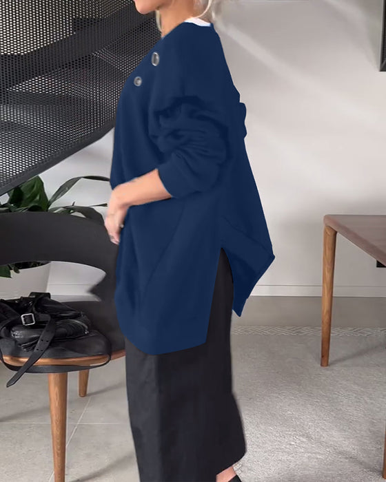 Ensfarget casual genser med rund hals og splitt