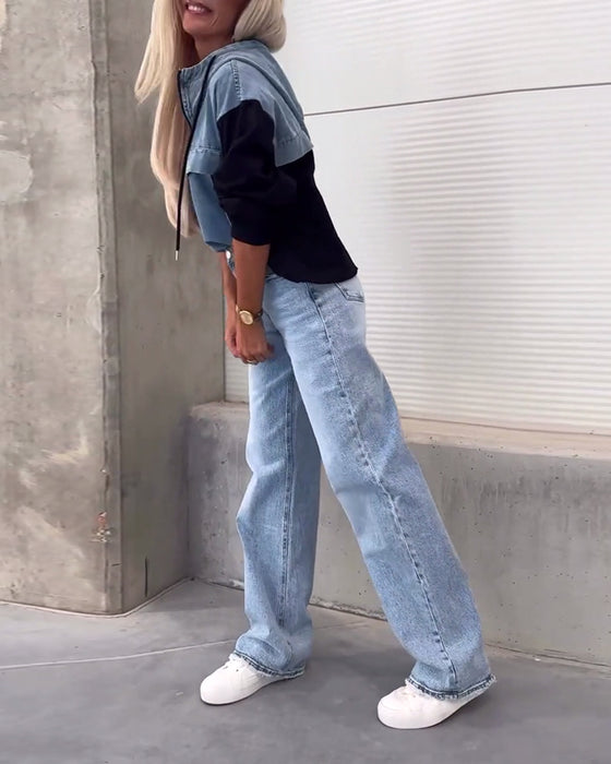 Uformell hettegenser med patchwork i denim med glidelås