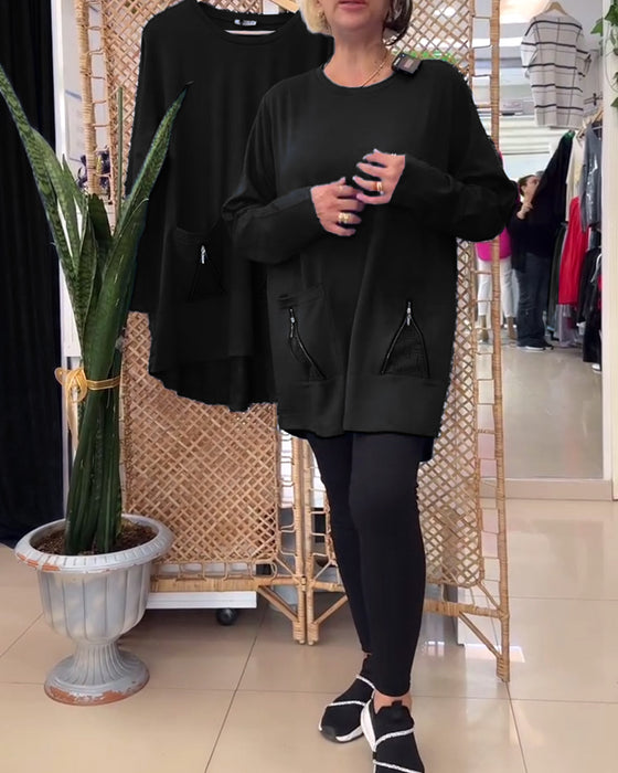 Genser med rund hals ensfarget glidelåslomme