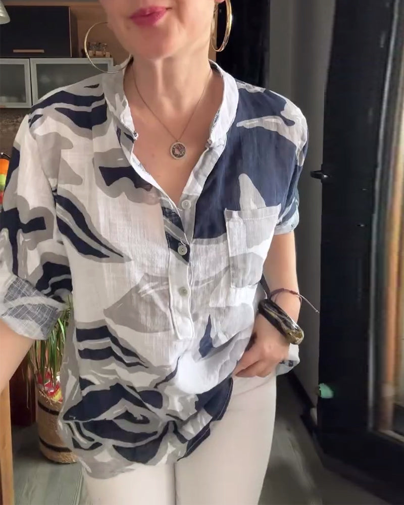 Bluse avslappet stativ krage trykt