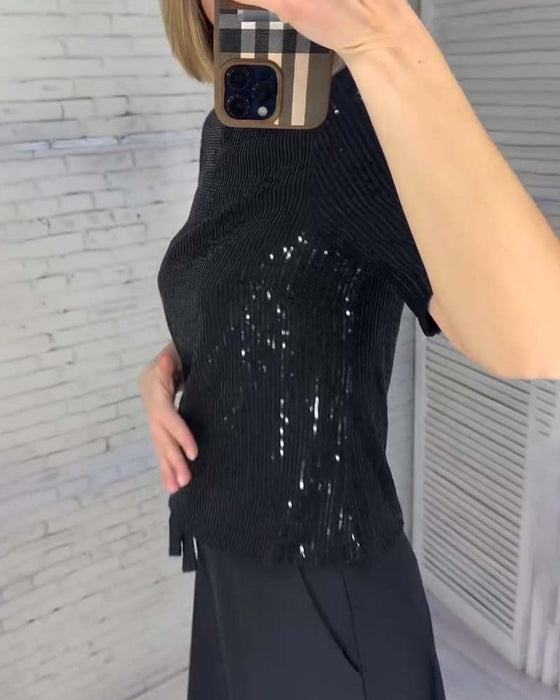 Slankende Paljett T-Skjorte Med Kort Erme