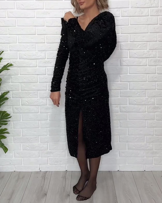Kjole V-hals Pailletter Splitt Fest