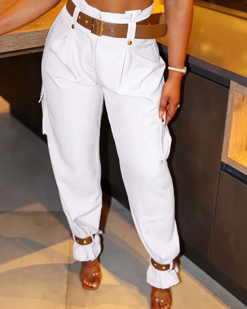 Ensfarget lomme casual cargo bukser