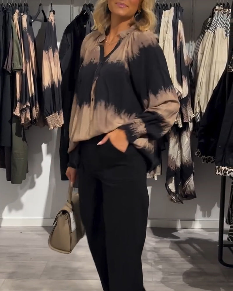 Vintage colorblock bluse med V-halsknapp