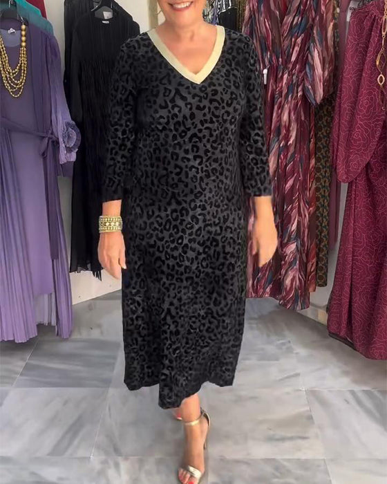 Kjole Kontrastfarge V-Hals Leopardmønster