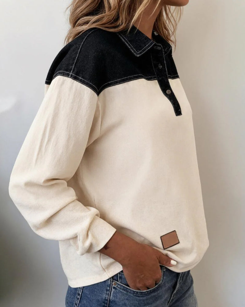 Bluse casual lapel denim patchwork