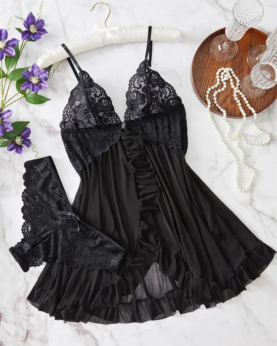 Cami Nattkjole & Bøyedekor Truse Sett Dames Sexy Ruffle Kant Blonder