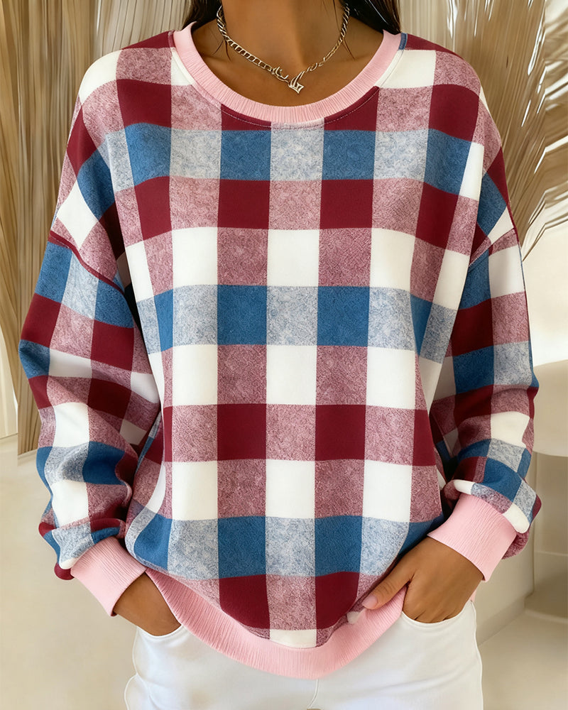 Sweatshirt Med Rund Hals Og Rutet Kontrastfarge