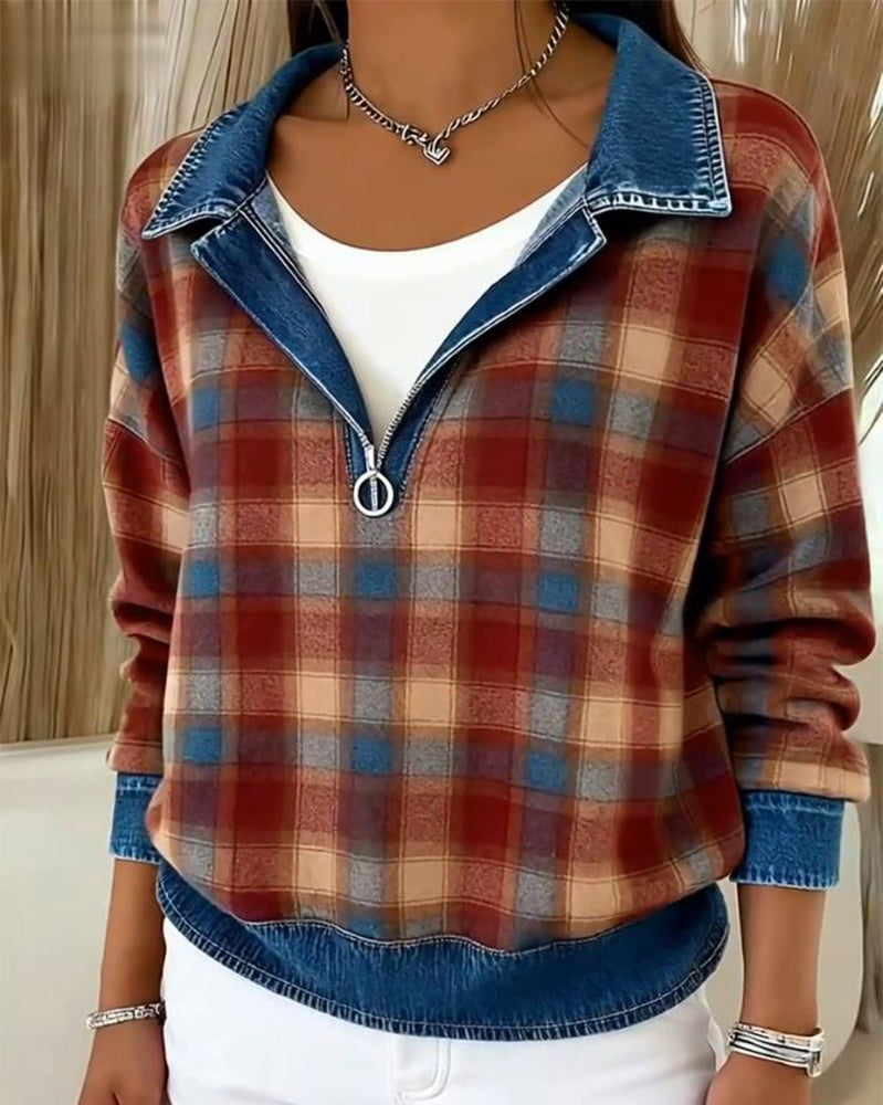 Kvinne Kausal Genser Med Krage Design, Denim Stoff, Patchworkdetalj, Rutenmønster Trykk Och Pullover Stil