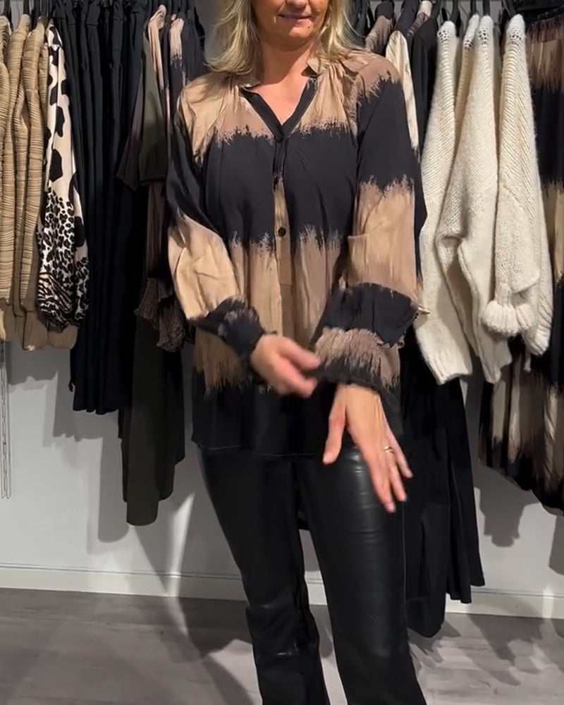 Vintage colorblock bluse med V-halsknapp