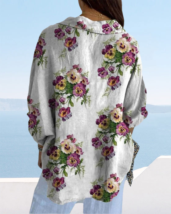Uformell skjorte med tre kvart ermer med blomstertrykk