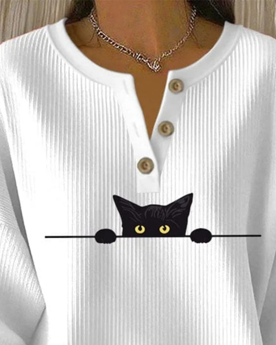 Knappet Casual Sweatshirt Med Trykte Striper