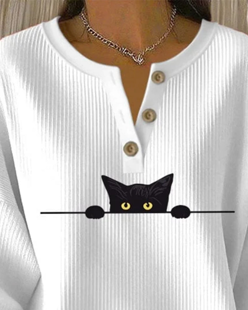 Knappet Casual Sweatshirt Med Trykte Striper