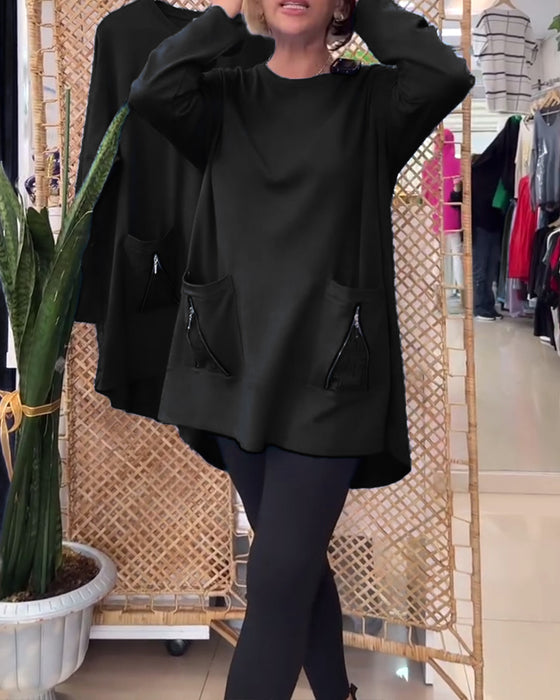 Genser med rund hals ensfarget glidelåslomme