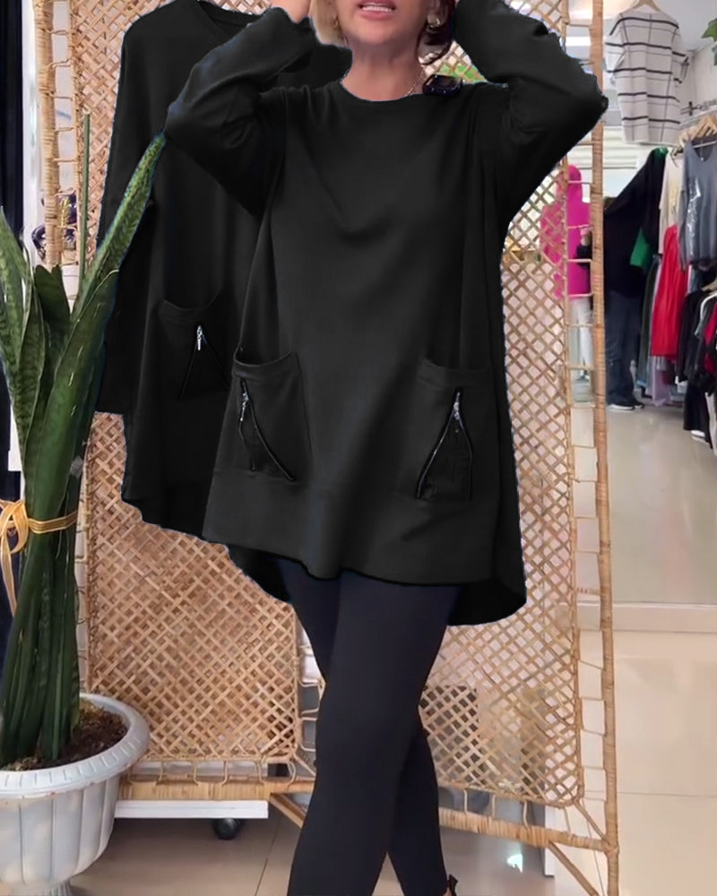 Genser med rund hals ensfarget glidelåslomme