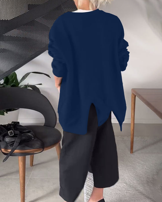 Ensfarget casual genser med rund hals og splitt