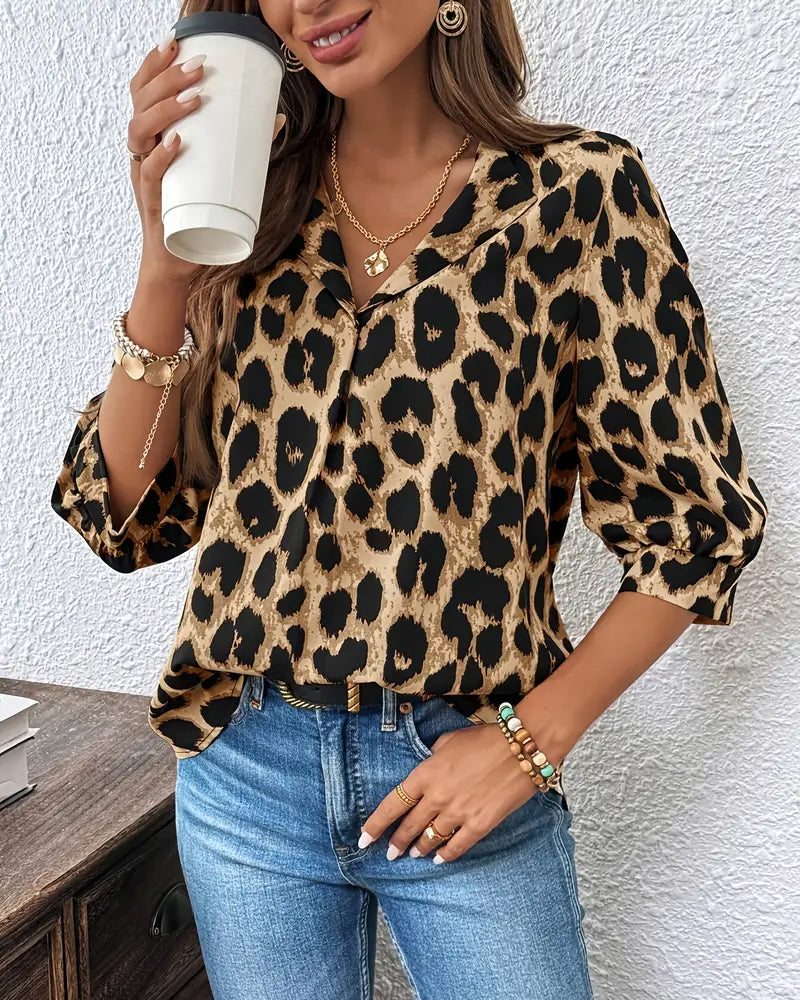 Bluse Halvlange Ermer Leopardprint Løs