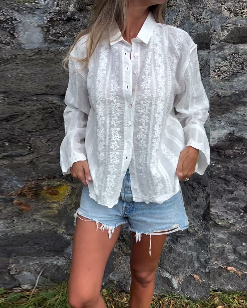 Skjorte Brodert Hulldesign Polo Krage Uformell