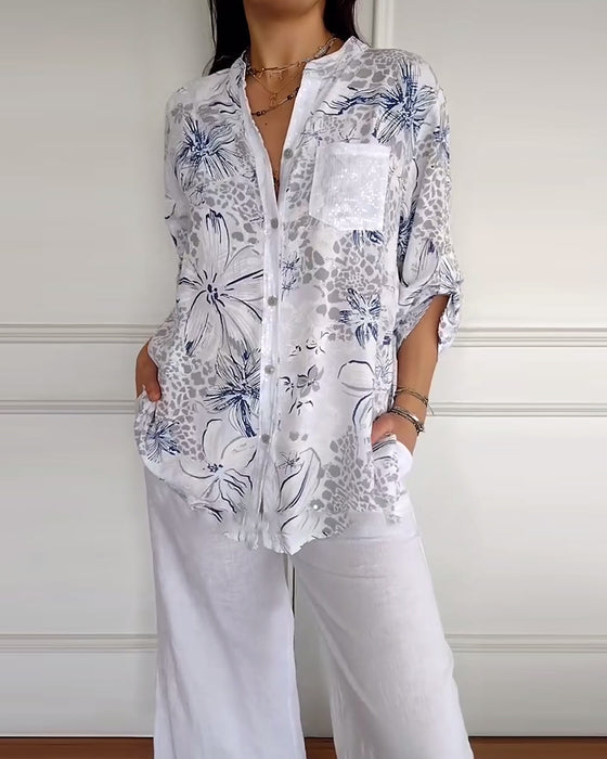 Skjorte Ståkrage Trykt Lomme