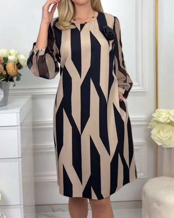 Kjole Med Rund Hals Lanterne Erme Trykt