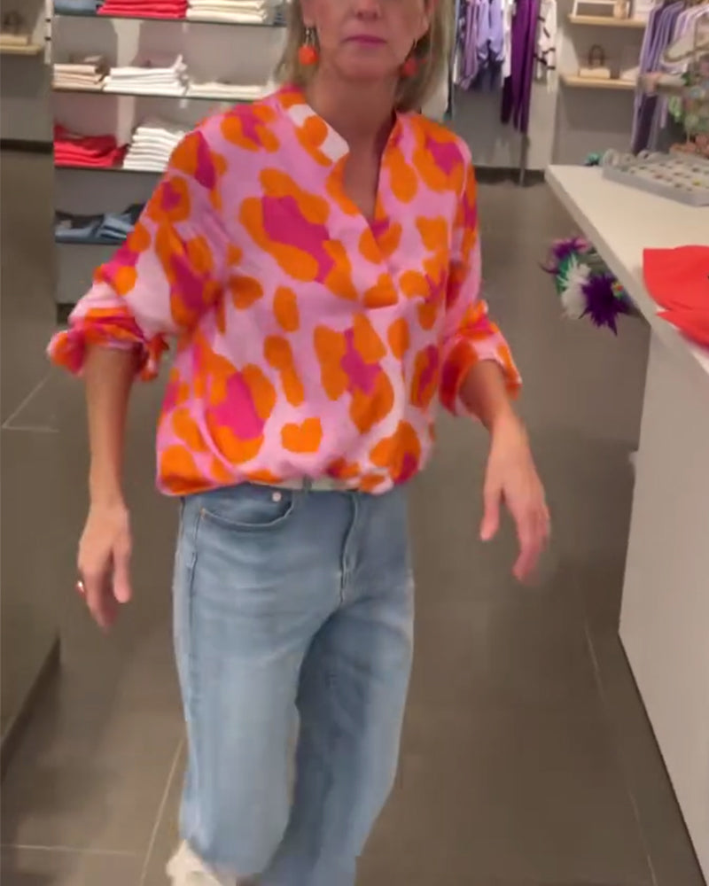 Printet V-hals lanterne ermet casual topp