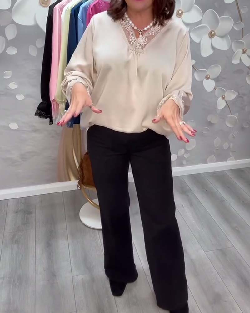 Bluse mote blonder v-hals langermet sateng