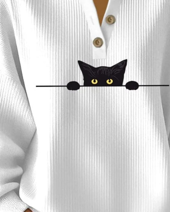 Knappet Casual Sweatshirt Med Trykte Striper
