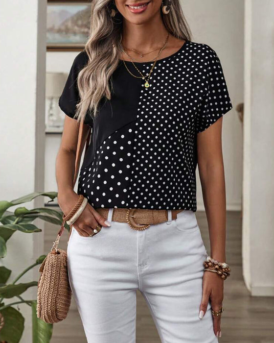 T-skjorte Rund Hals Polka Dot Trykk