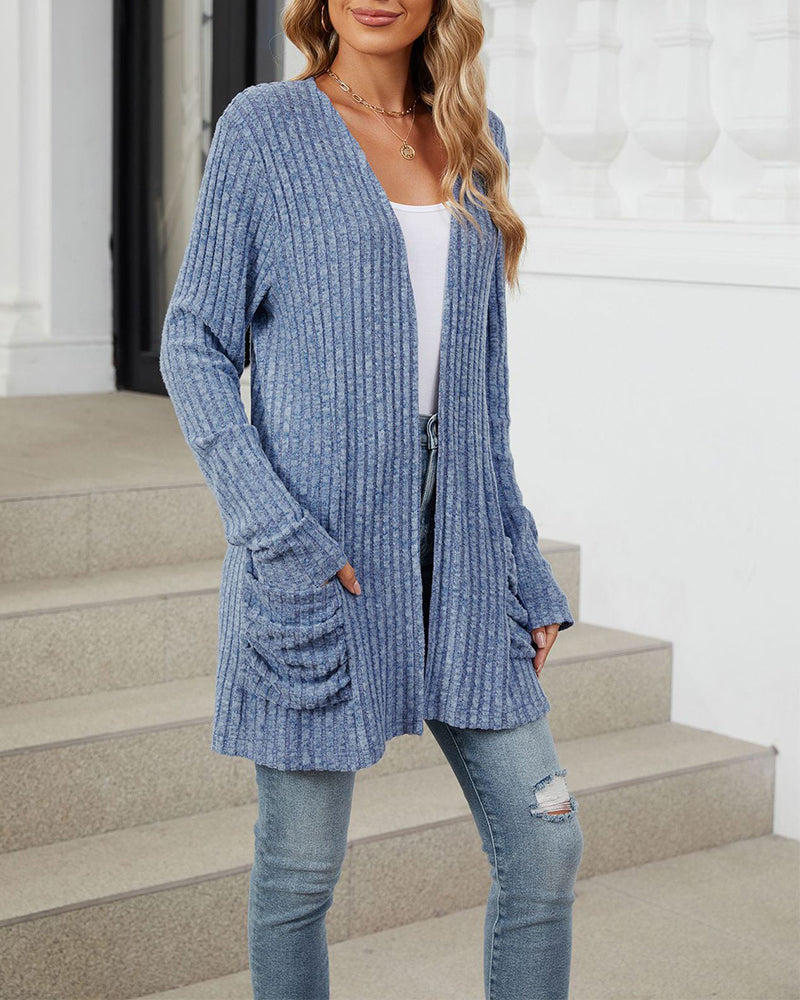 Uformell ensfarget cardigan med lang ermet lomme