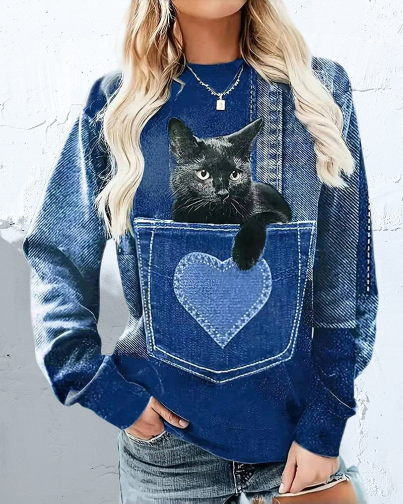 Genser Med Vintage Stil, Lomme Og Kattmønster